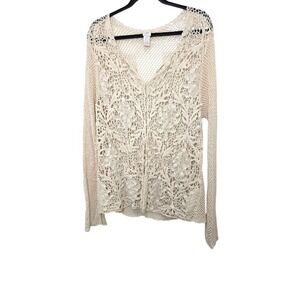 J. Jill Cream Crochet Knit Long-Sleeve V-Neck Sweater Size 2XL Lightweight Boho
